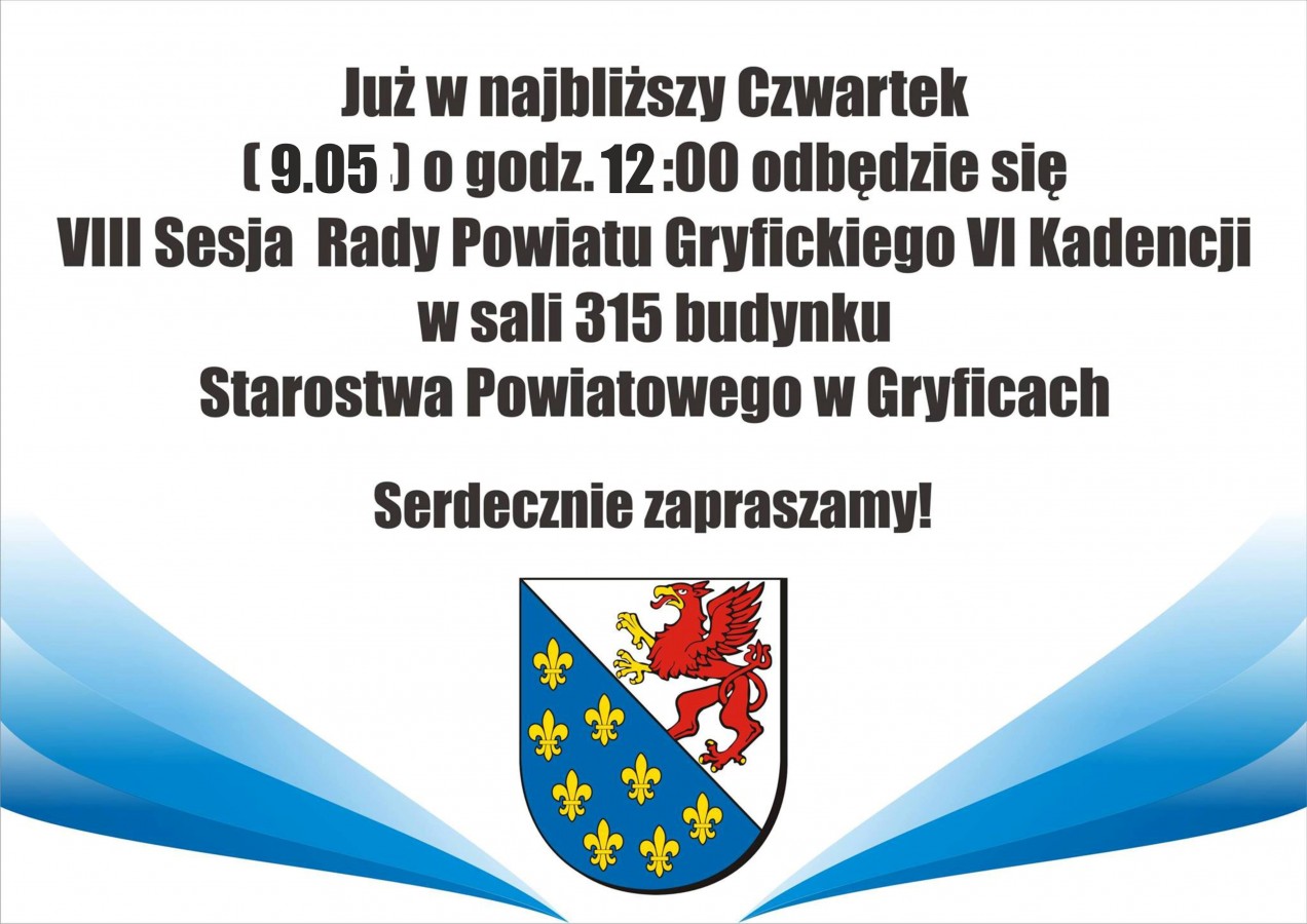 Zaproszenie na VIII Sesję Rady Powiatu Gryfickiego